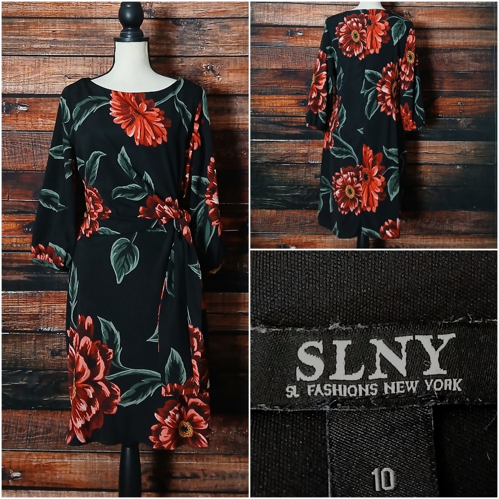 SLNY SL Fashions Dress 10 Black Floral Tie Waist 3/4 Sleeve Zip Back Lined